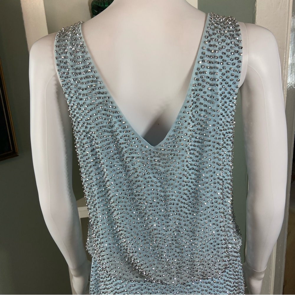 Xscape Light Blue Silver Metallic Beaded Cocktail Mini Dress Draped Size 10 - Picture 12 of 15